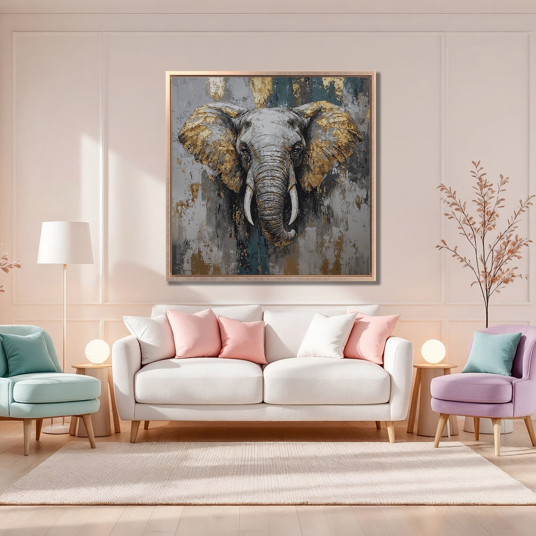 Framed Wall Art: Impressive elephant canvas print in a modern interior. Features a gold, gray, and teal color palette. Elevate your space with this stunning artwork!
