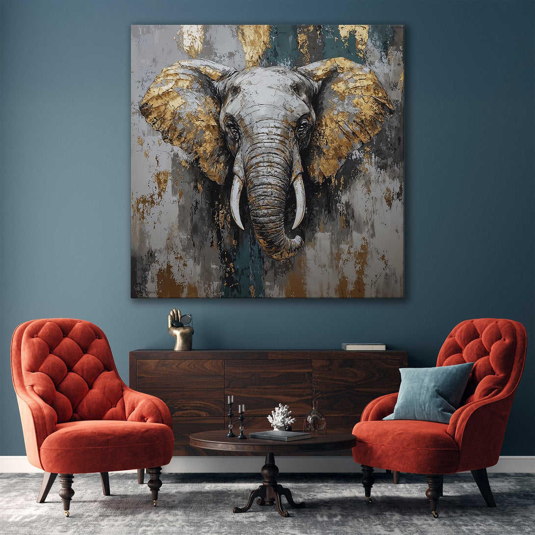 Framed Wall Art: Abstract elephant portrait in gold, gray, and teal. Modern canvas print adds a touch of luxury to any living room.
