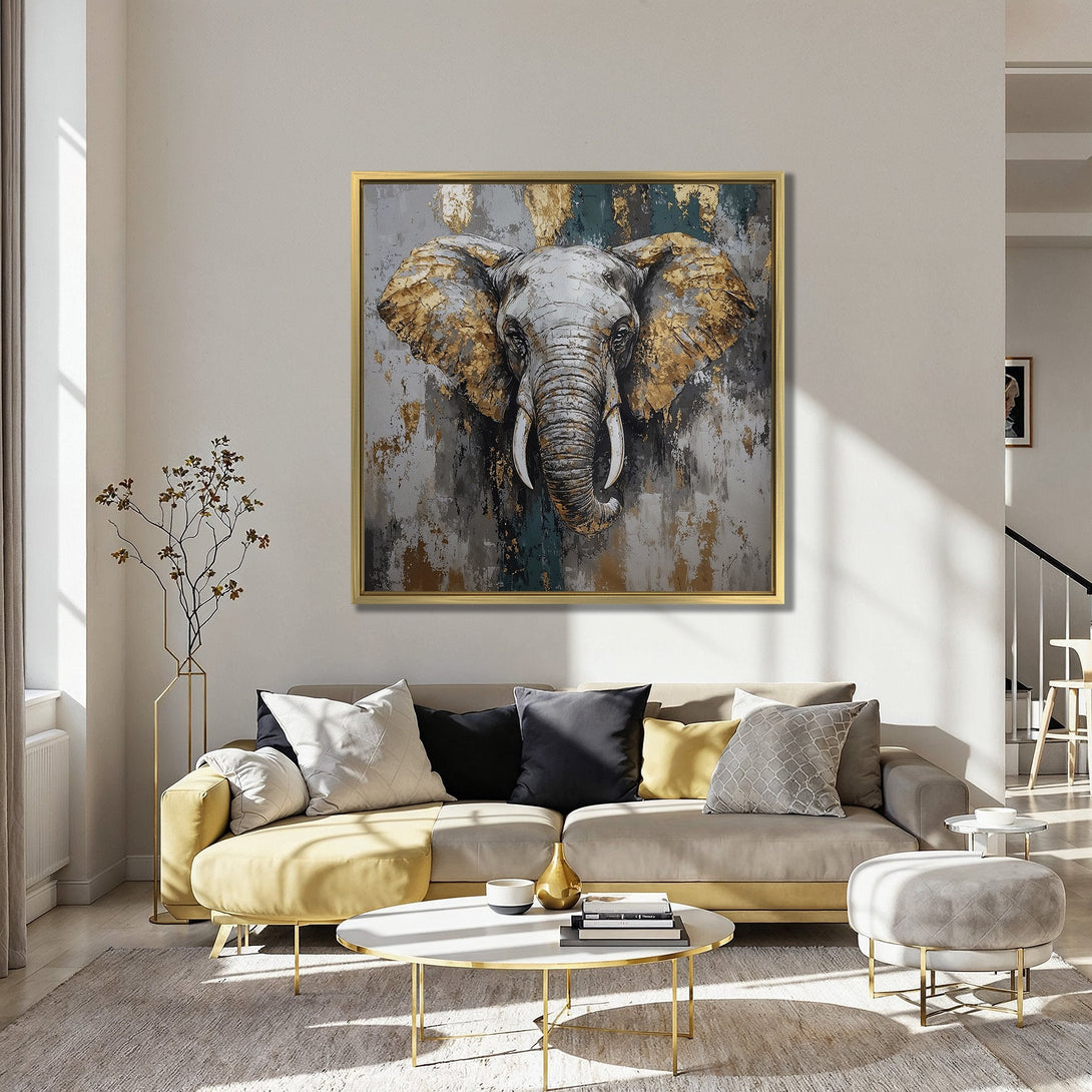 Canvas Print: Abstract elephant art with gold accents. Modern decor in gray, gold, and blue color palette. Elevate your space with this stunning wall art.
