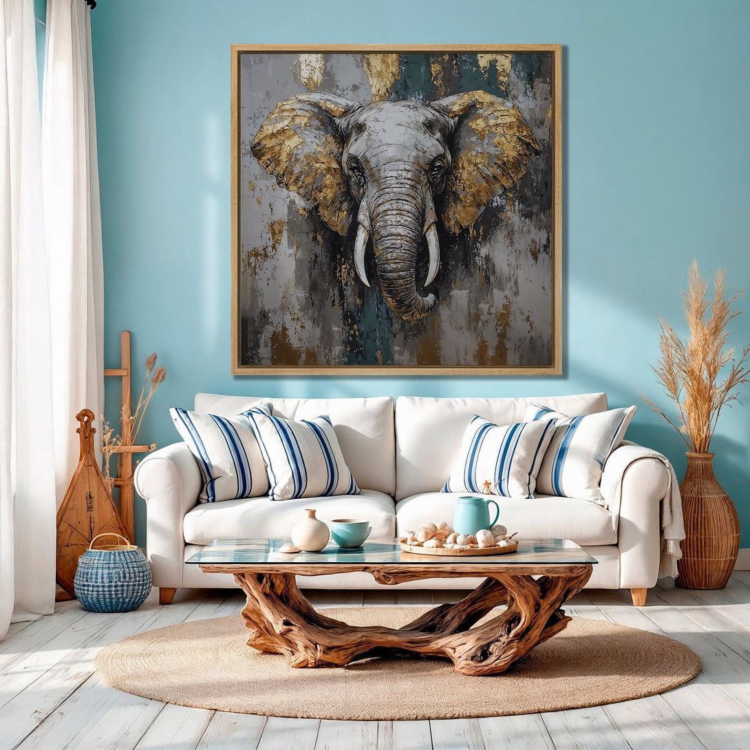 Framed Wall Art: Abstract elephant portrait in gold, gray, and blue. Modern canvas print adds a touch of elegance to any interior. Shop now!