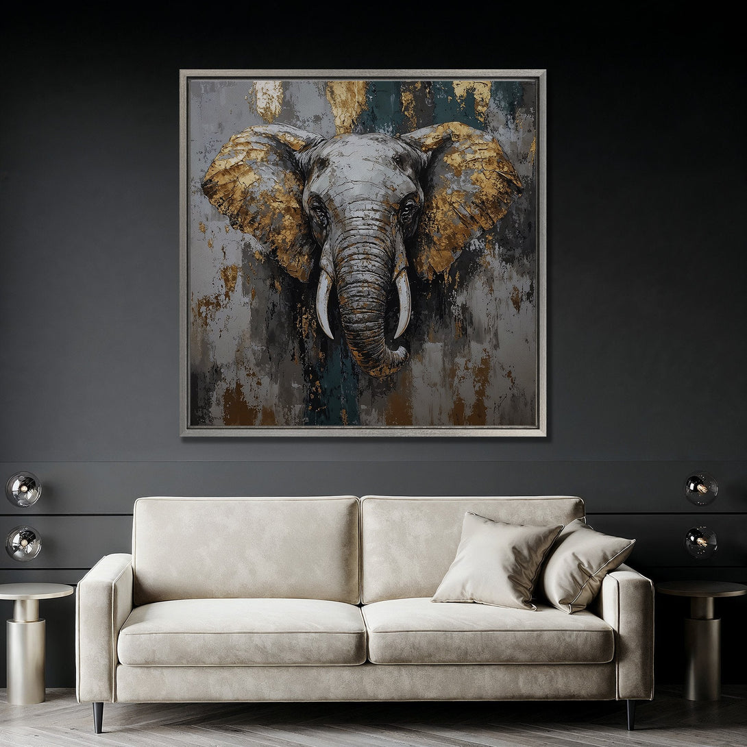 Framed Wall Art: Abstract elephant painting in gold, gray, and teal hues. Modern artwork adds a touch of luxury to any living room. Shop now!