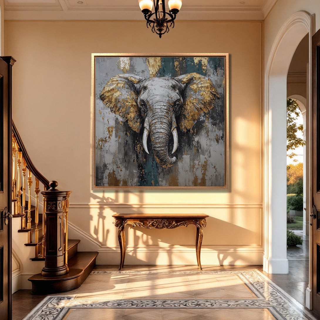 Framed Wall Art featuring an abstract elephant in gold, gray, and teal. Modern Canvas Print adds elegance to a luxurious interior.