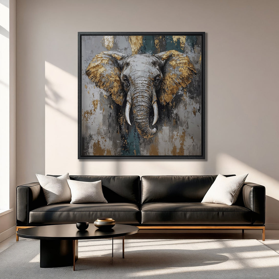 Framed Wall Art: Abstract elephant canvas print in gold, gray, and teal. Modern art for living room decor. Shop now!