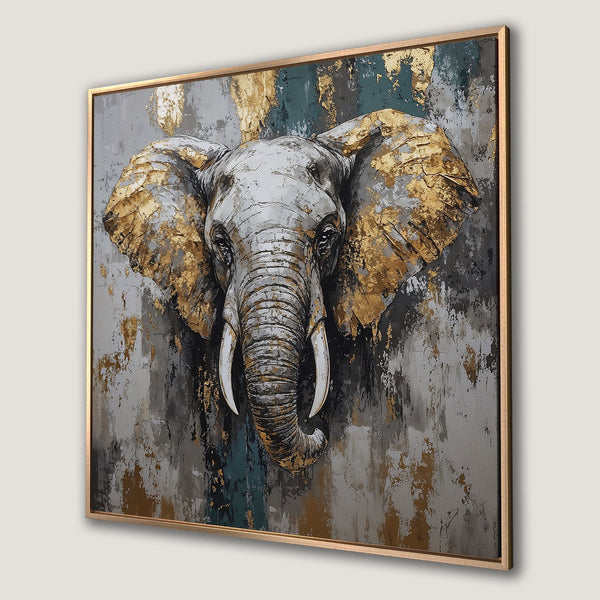Framed Wall Art featuring an abstract elephant in gold, gray, and teal. Modern textured canvas print adds elegance to any space.