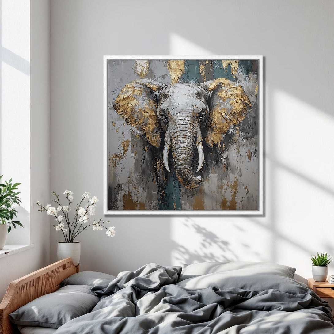 Framed Wall Art: Stunning elephant painting in gray & gold tones. Modern abstract style adds elegance to any space. Perfect bedroom decor.