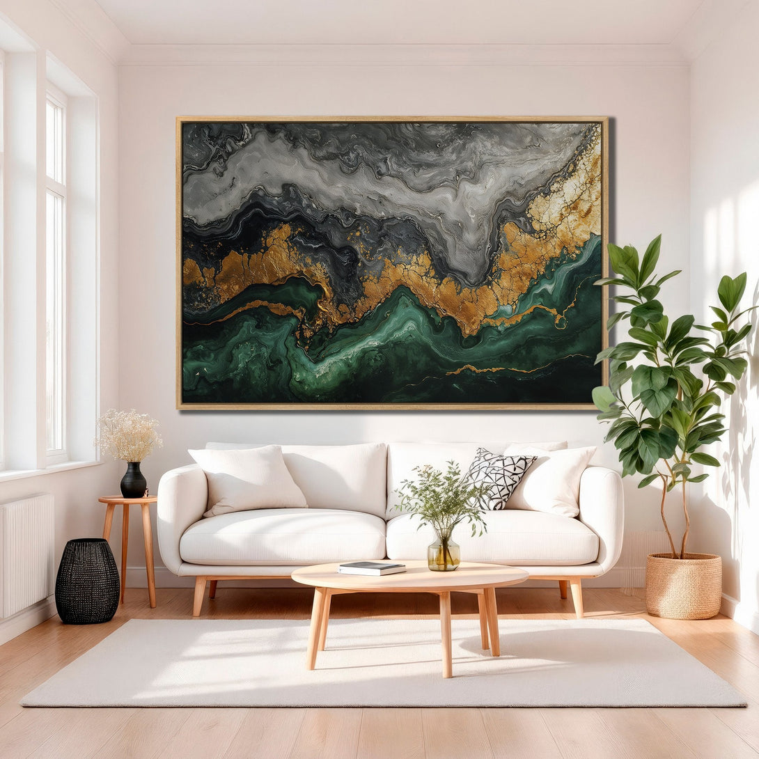 Framed Wall Art: Abstract gold, green, and gray canvas print. Modern art piece adds a touch of luxury to any living room or interior design.