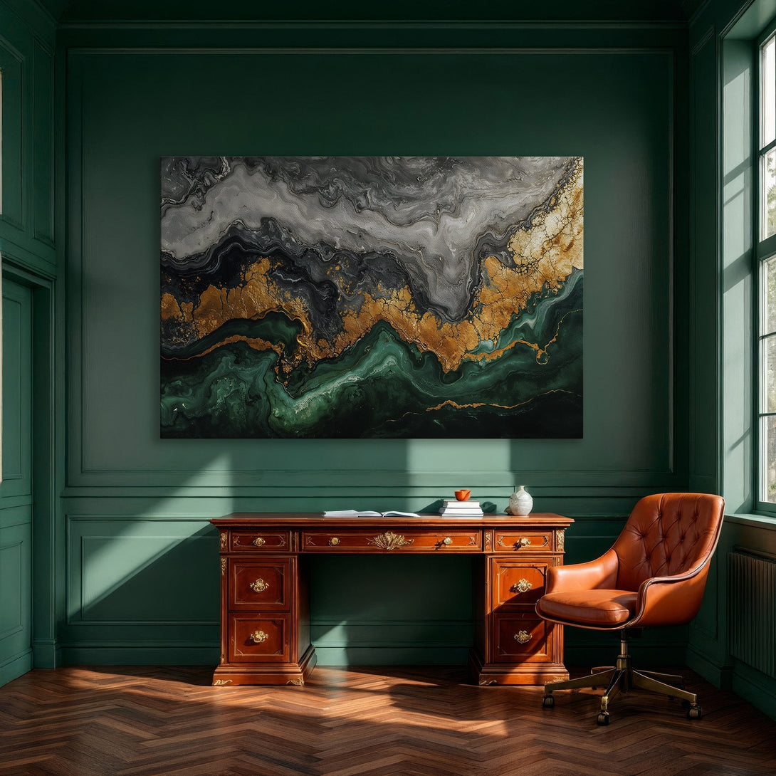 Framed Wall Art: Abstract canvas print in gold, emerald green, and gray. Modern art for a luxurious dining room.