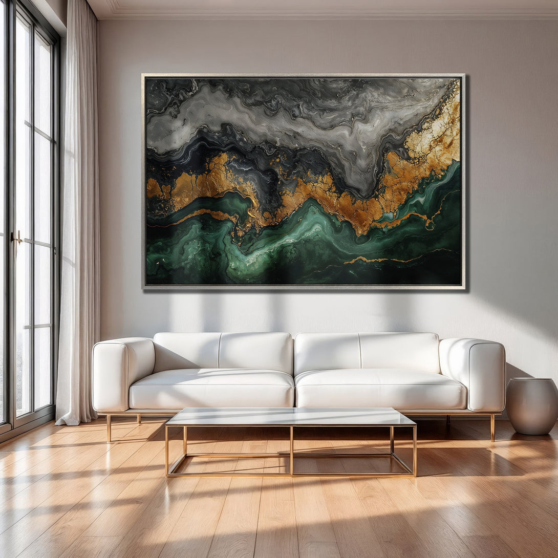 Framed Wall Art: Abstract gold, green, and grey canvas print. Sophisticated modern art for living room decor.