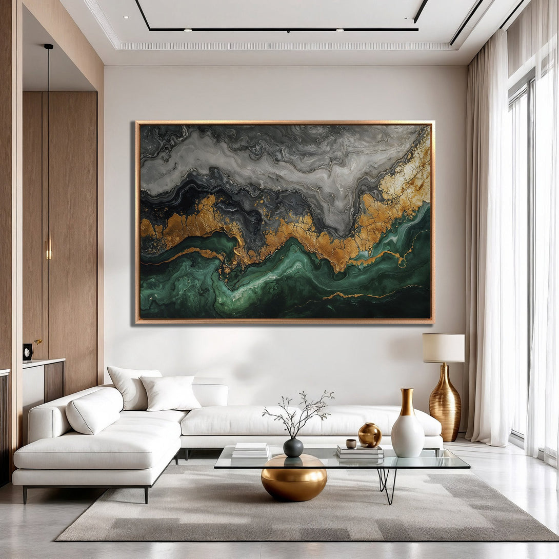 Framed Wall Art: Abstract marble design in green, gold, and gray tones. Modern art canvas print adds a touch of luxury to any interior.