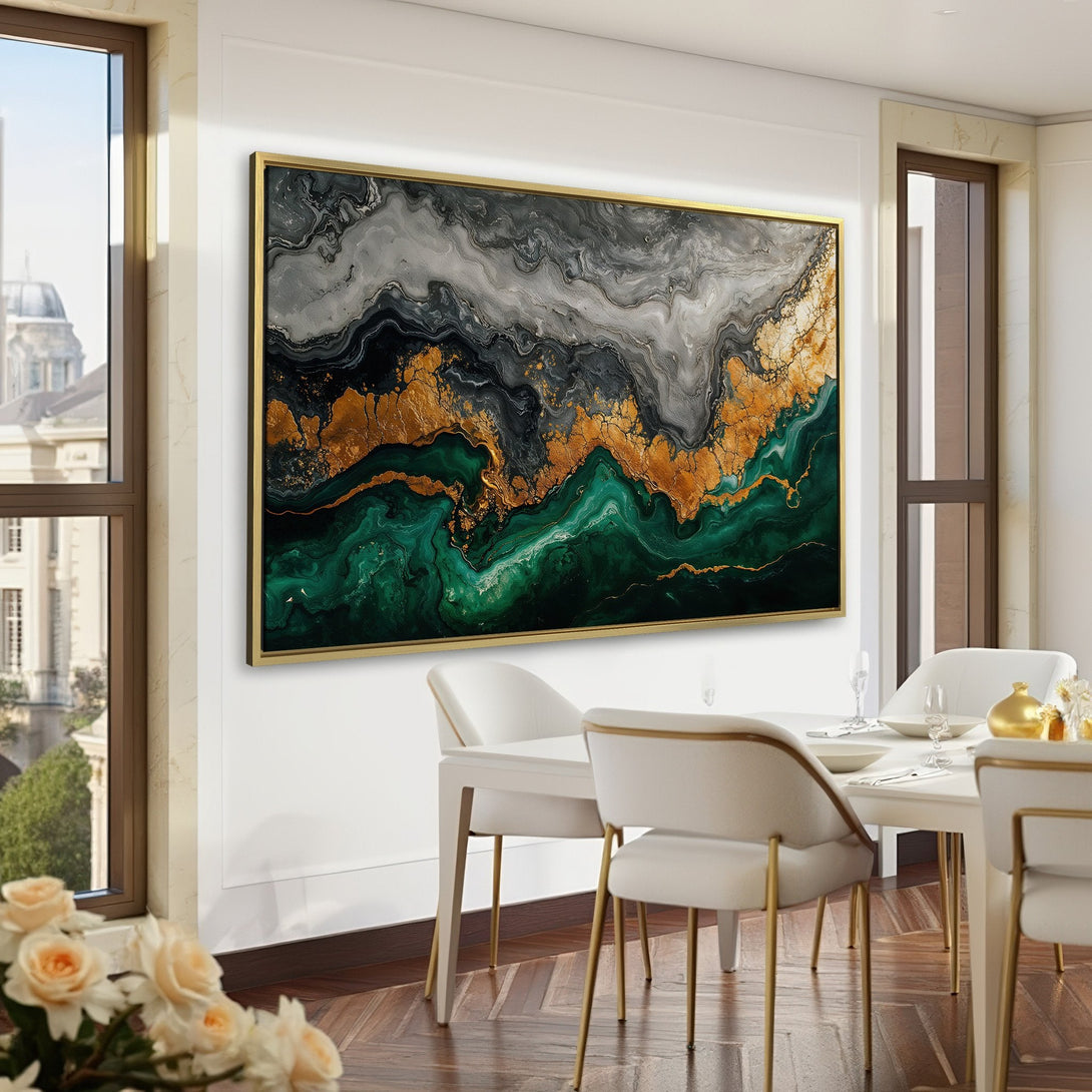 Abstract Canvas Print in emerald, gold, and gray tones. Modern wall art for a luxurious home office. Add a touch of elegance!