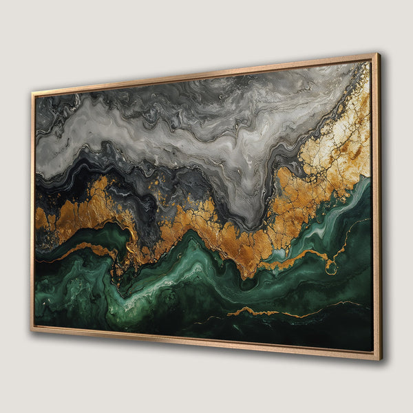 Framed Wall Art featuring abstract art in a flowing style with gold, green, and gray tones. Perfect for modern home decor.