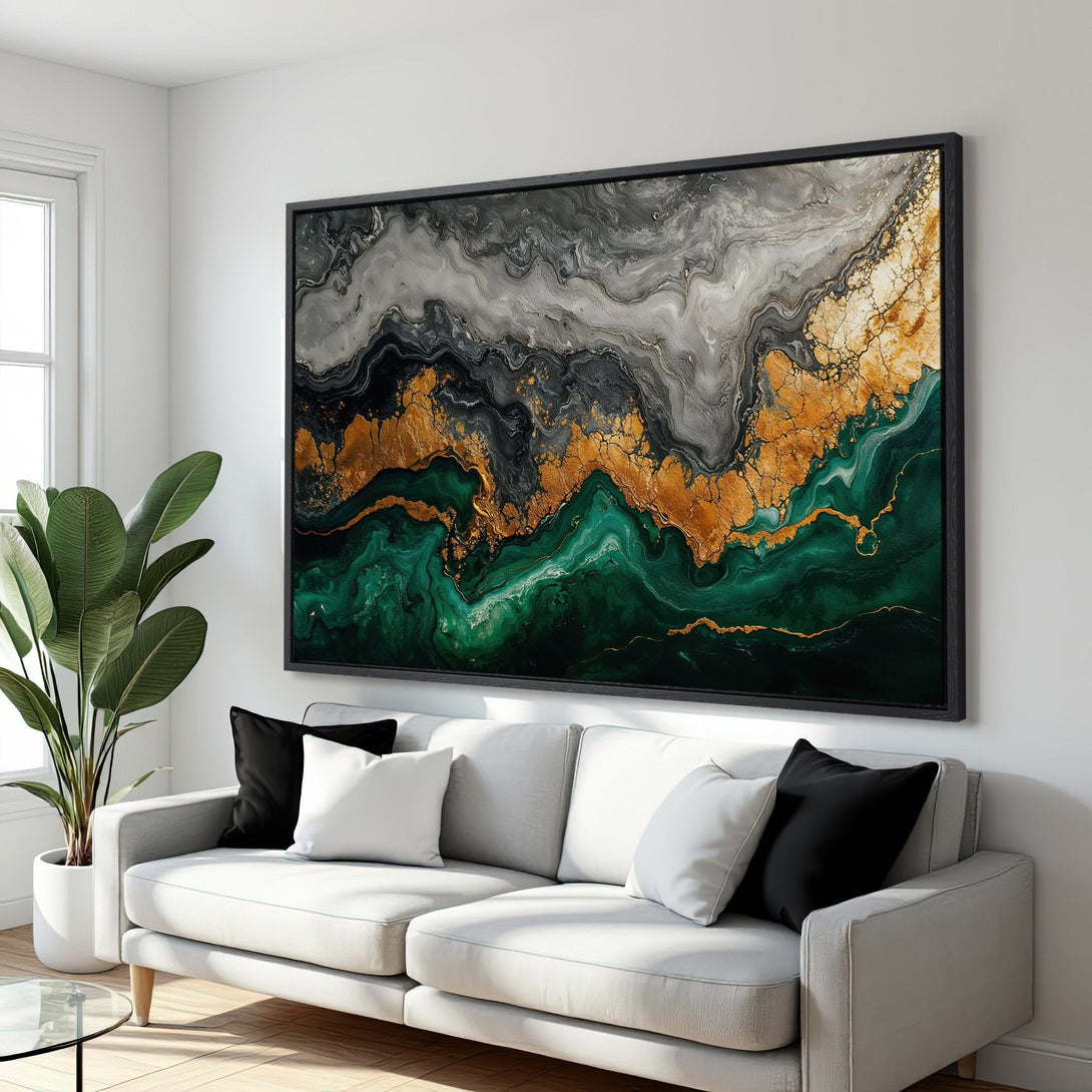 Framed Wall Art: Abstract gold, green, and gray canvas print. Modern art piece adds elegance to any interior. Shop now for stunning wall decor!