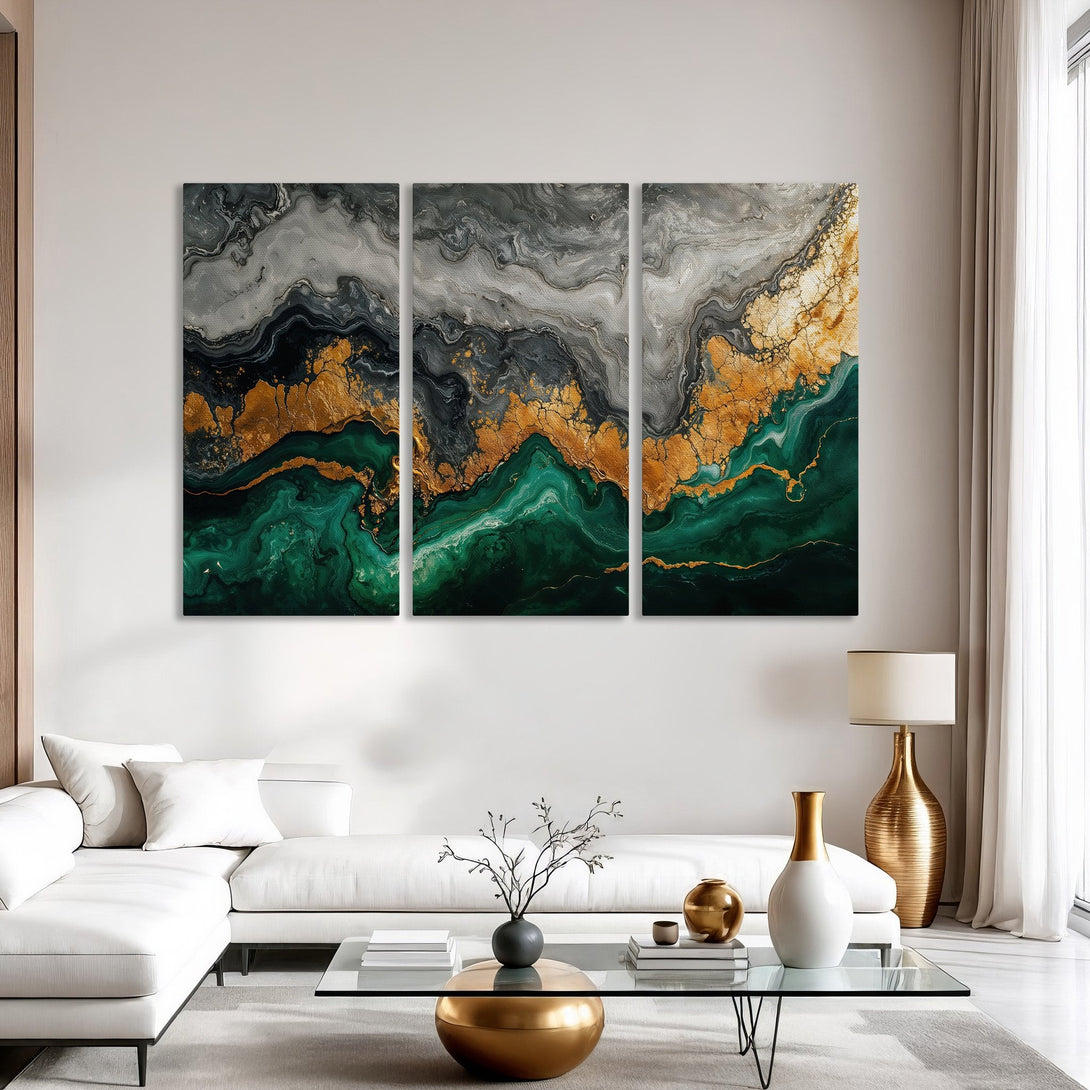 Abstract Canvas Print art in emerald green, gold, and gray. Modern wall decor for living room.