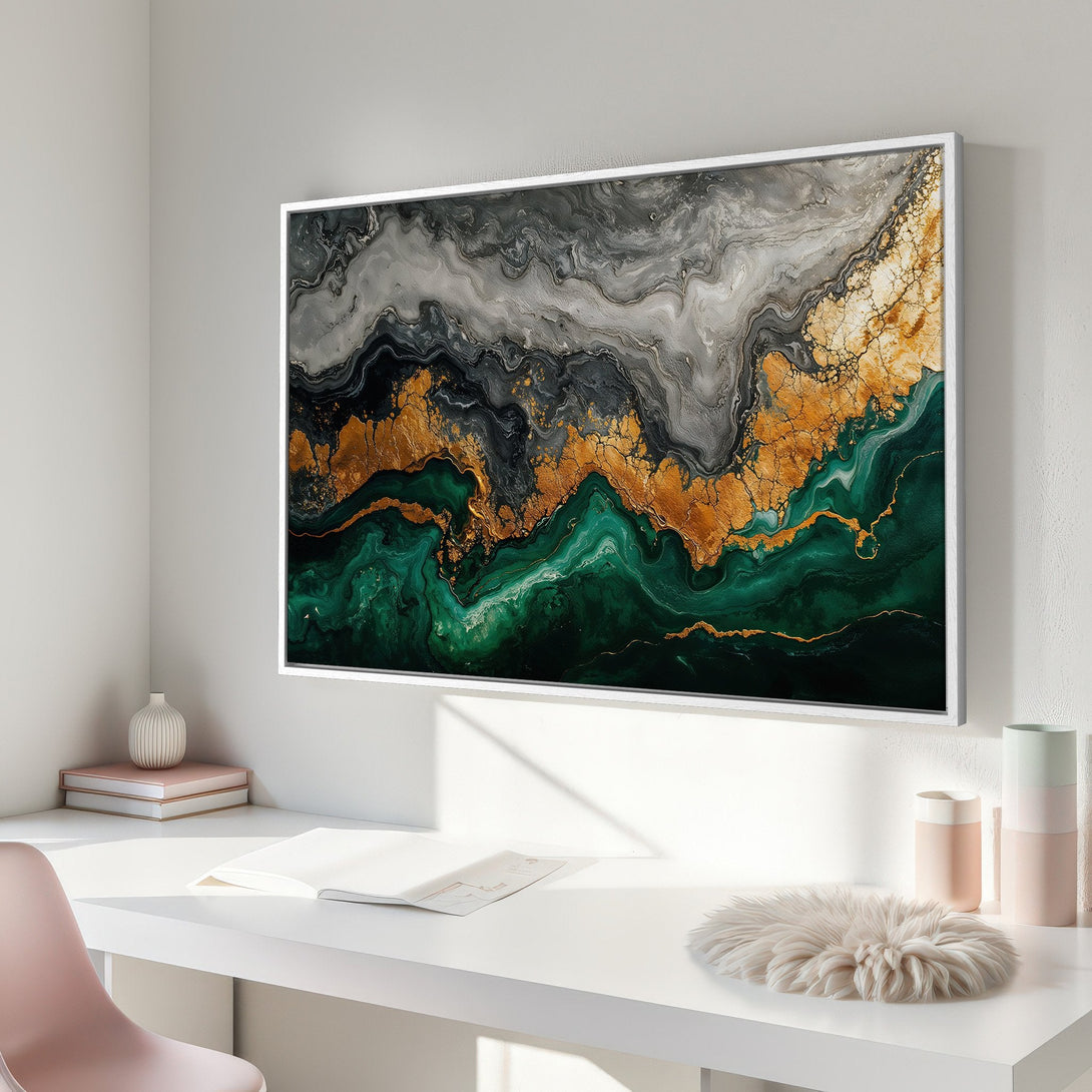 Framed Wall Art: Abstract marble art in green, gold, and gray tones. Modern canvas print adds a touch of luxury to any interior space.