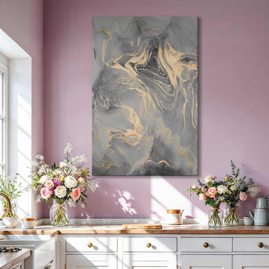 Framed Wall Art featuring abstract gold and gray design. Modern canvas print adds a touch of elegance to any interior. Shop now for stunning wall decor!