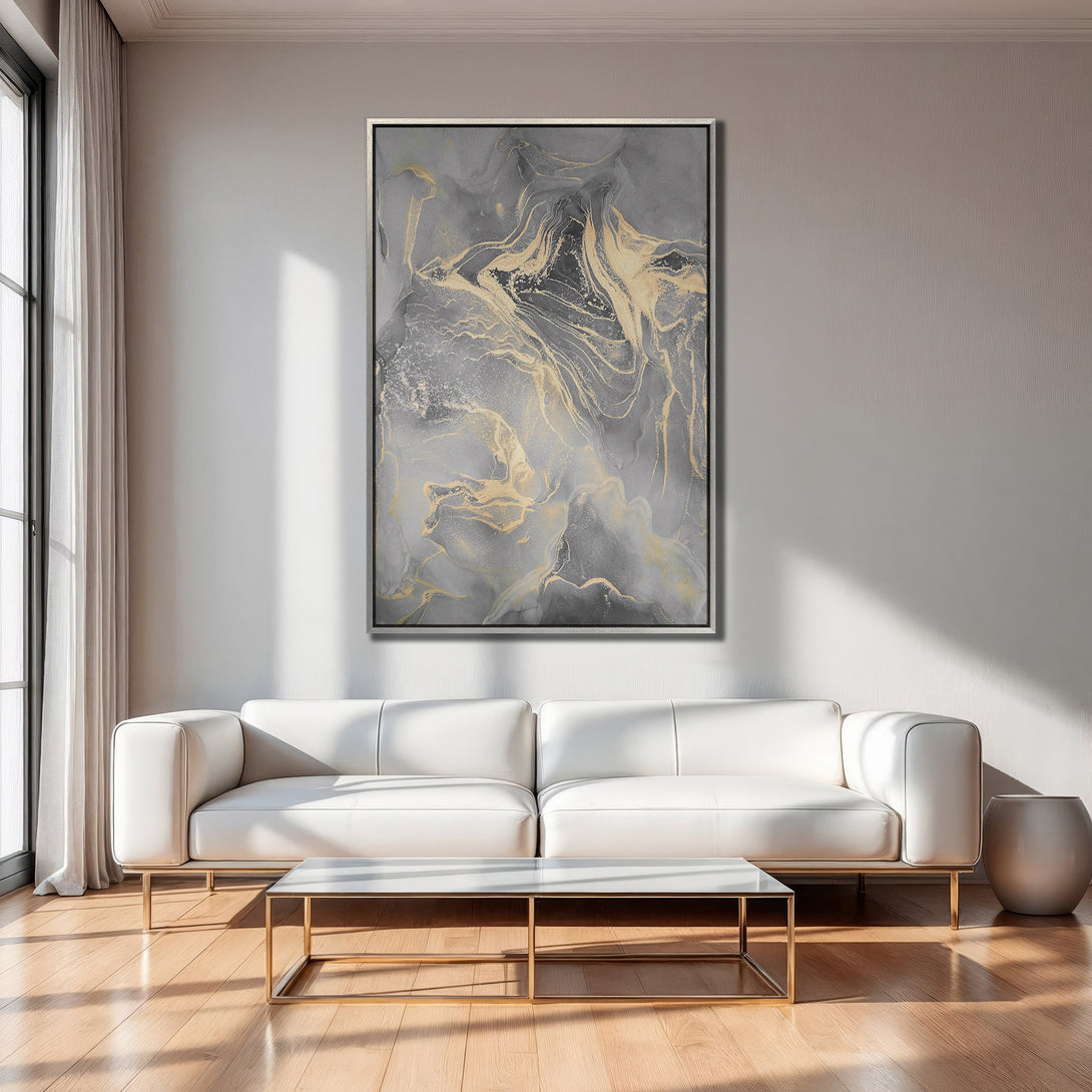 Framed Wall Art: Abstract gray and gold canvas print, modern art piece, elegant interior decor.