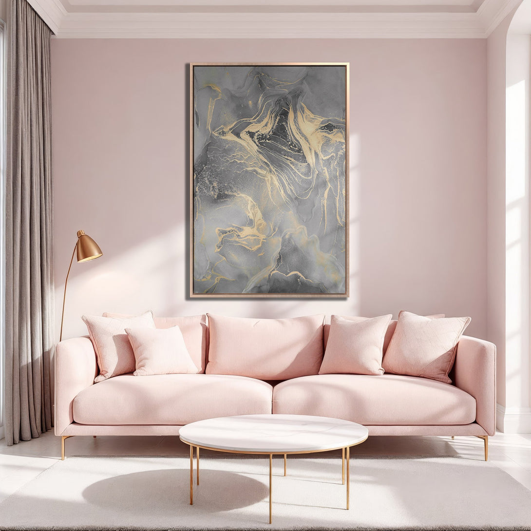 Framed Wall Art: Abstract gold and gray canvas print in a modern interior. Adds a touch of elegance with its neutral color palette. Shop now!