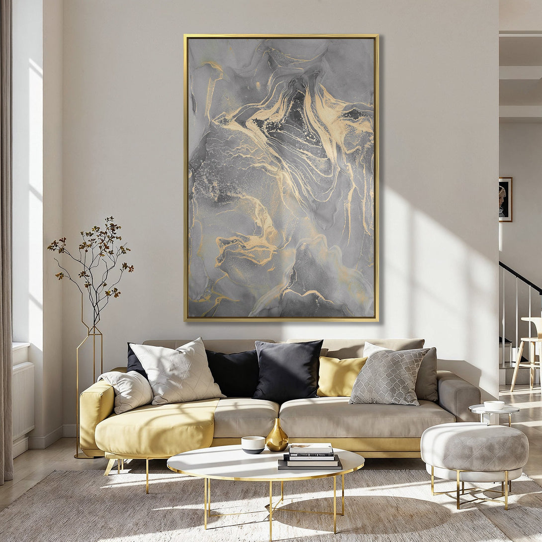 Abstract Canvas Print in a modern kitchen. Features a grey and gold marble design, adding a touch of elegance to any space.