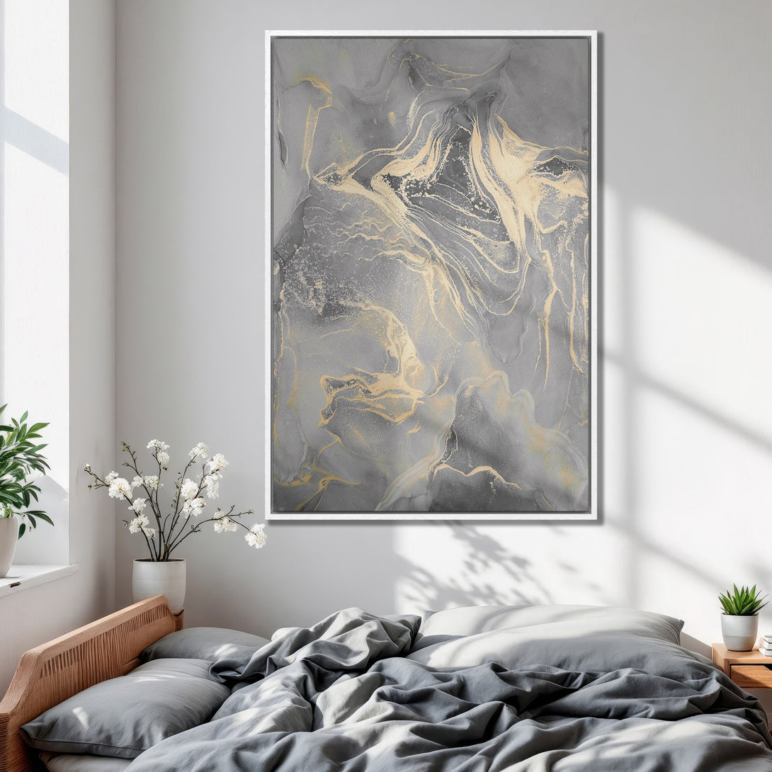 Framed Wall Art: Abstract gray and gold canvas print, perfect for modern bedroom decor. Enhance your space with this stylish art piece.