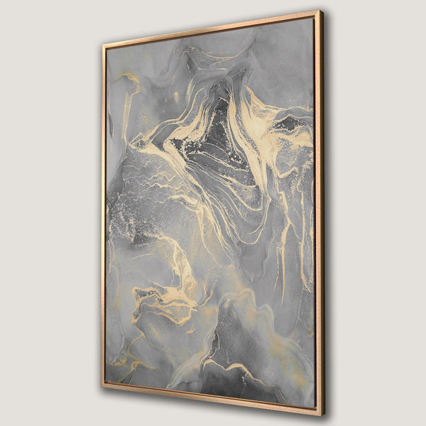 Framed Wall Art: Abstract canvas print with gold and gray marbled design. Modern art for home decor, featuring a luxurious color palette.