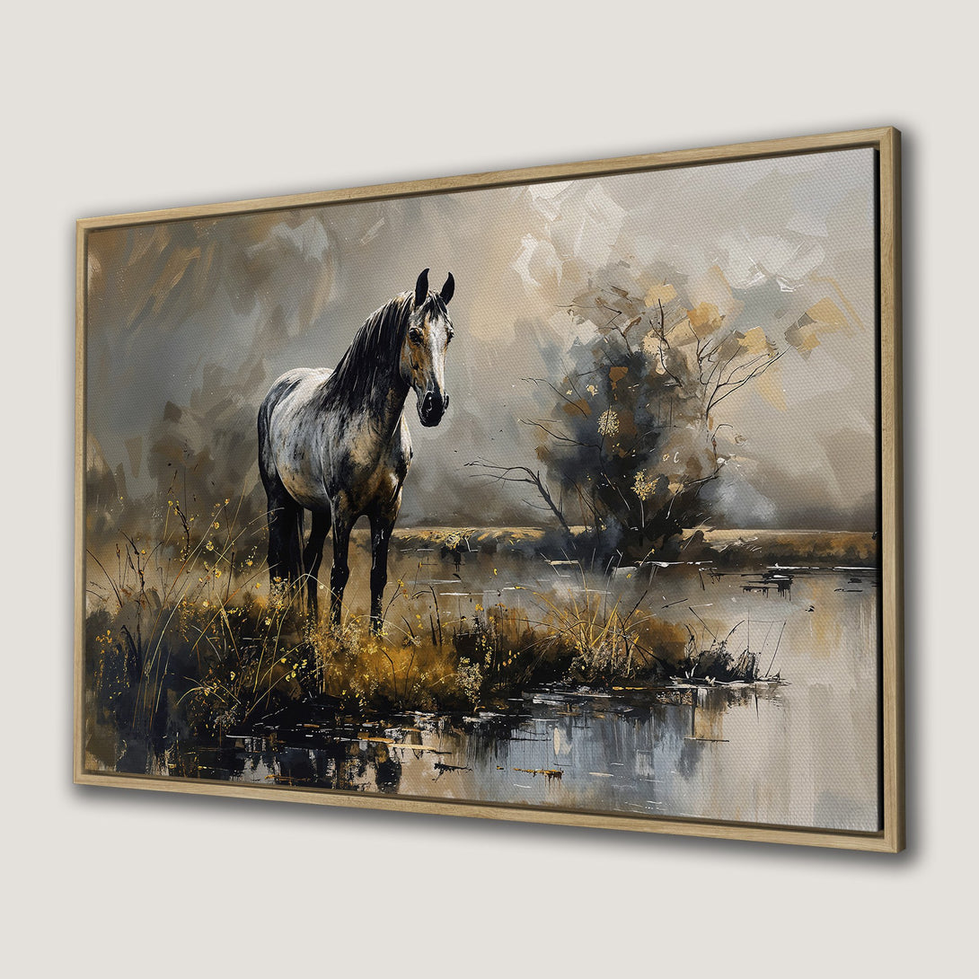 Canvas Print of a majestic horse in a serene landscape, painted in a muted, earthy color palette. Perfect wall art for a calming space.