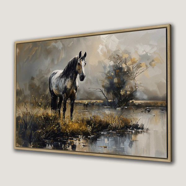 Canvas Print of a majestic horse in a serene landscape, painted in a muted, earthy color palette. Perfect wall art for a calming space.