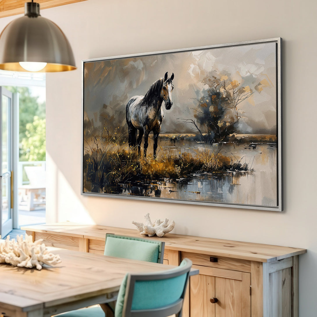 Framed Wall Art: Majestic horse painting in muted earth tones. Perfect for adding a touch of elegance to your home decor. Shop now!