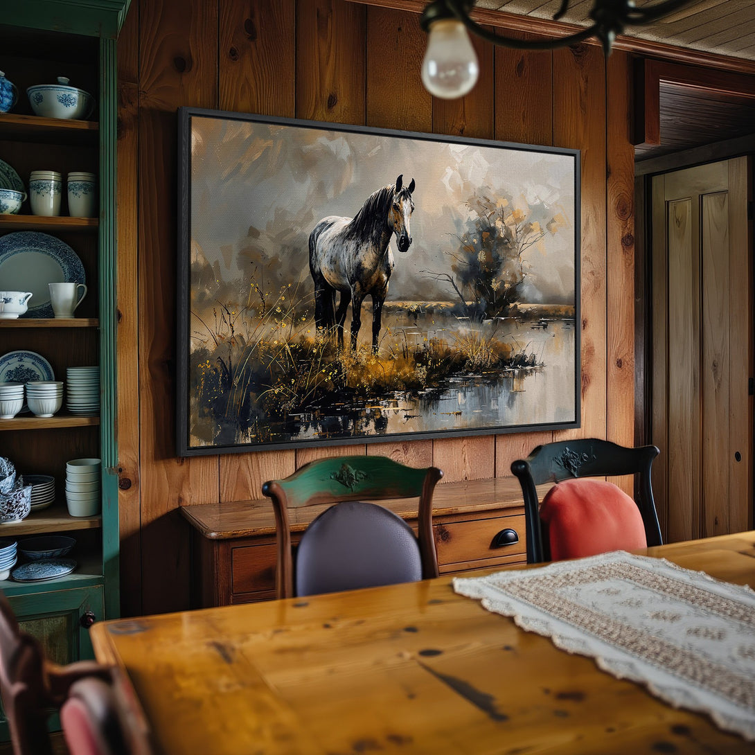 Framed Wall Art: Majestic horse canvas print in a rustic interior. Features a neutral palette with brown, gray, and gold tones, perfect for home decor.