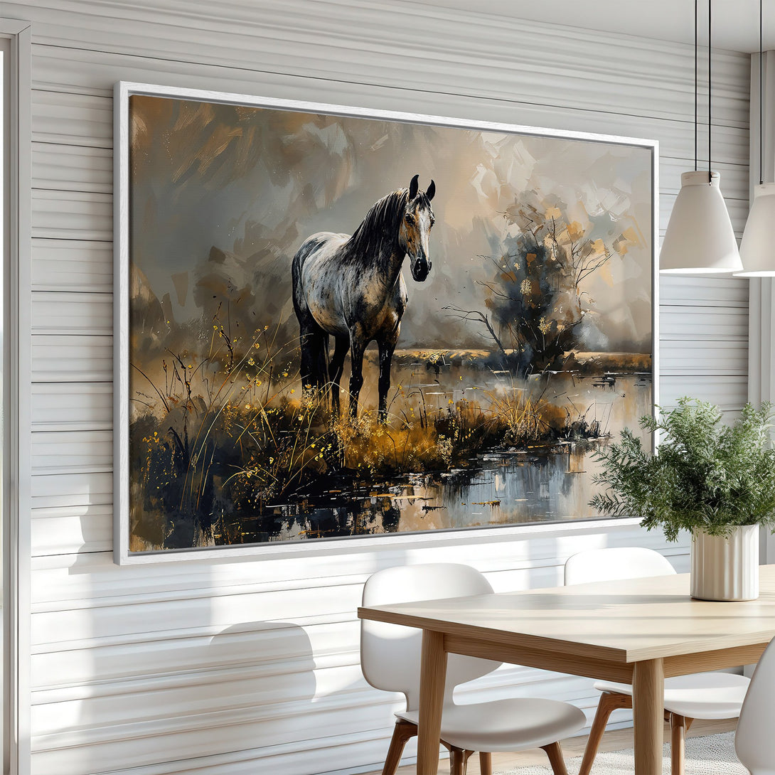 Framed Wall Art featuring a majestic horse in a serene landscape. Neutral color palette with warm earth tones. Perfect for adding elegance to any space.