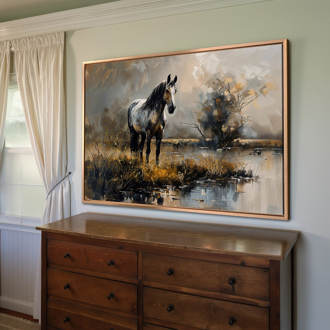 Framed Wall Art: Elegant horse painting in neutral tones. Perfect for adding a touch of nature and sophistication to your home decor. Shop now!