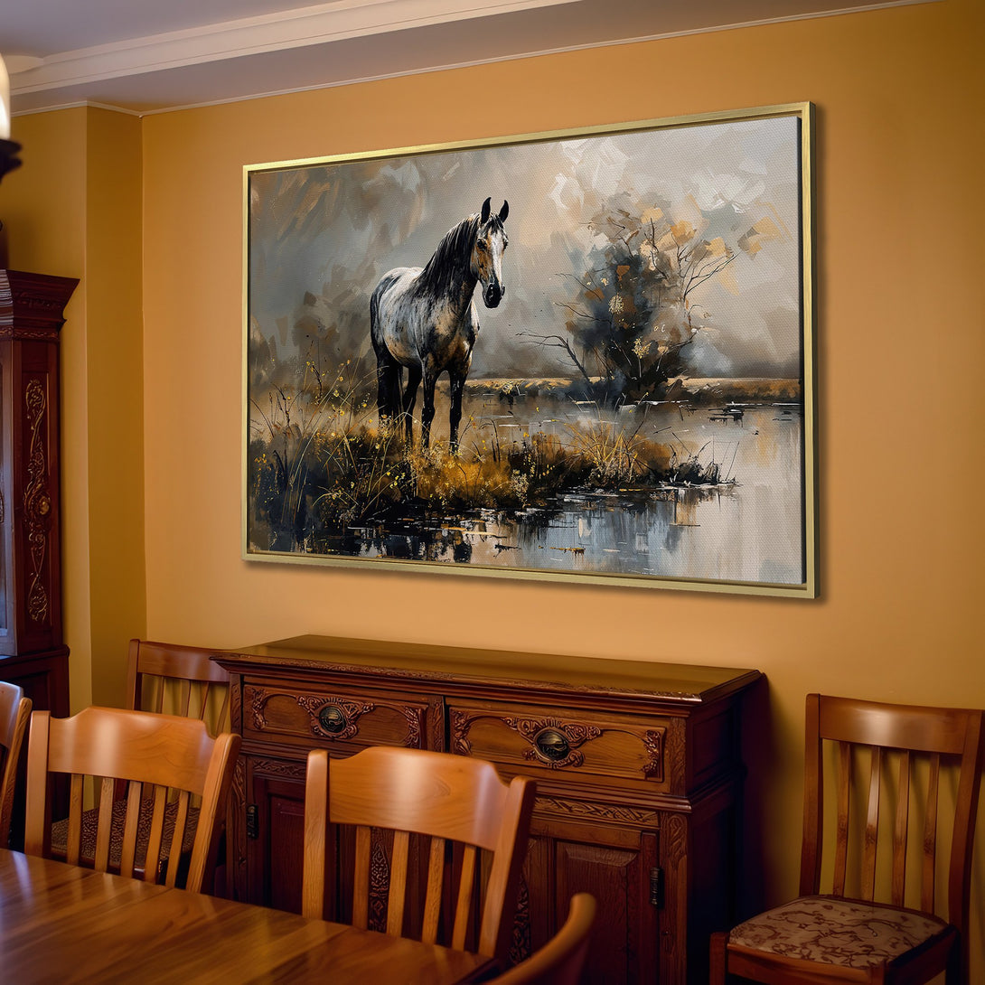 Canvas Print of a majestic horse in a serene landscape, featuring a neutral and earthy color palette. Perfect wall art for a cozy, rustic interior.