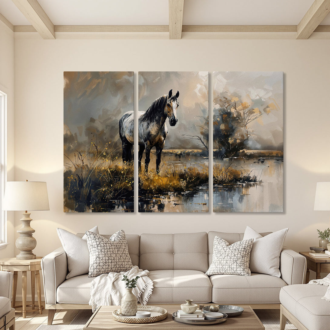 Canvas Print triptych of a horse in a serene landscape. Abstract style with neutral, earthy tones. Perfect for adding elegance to any home.