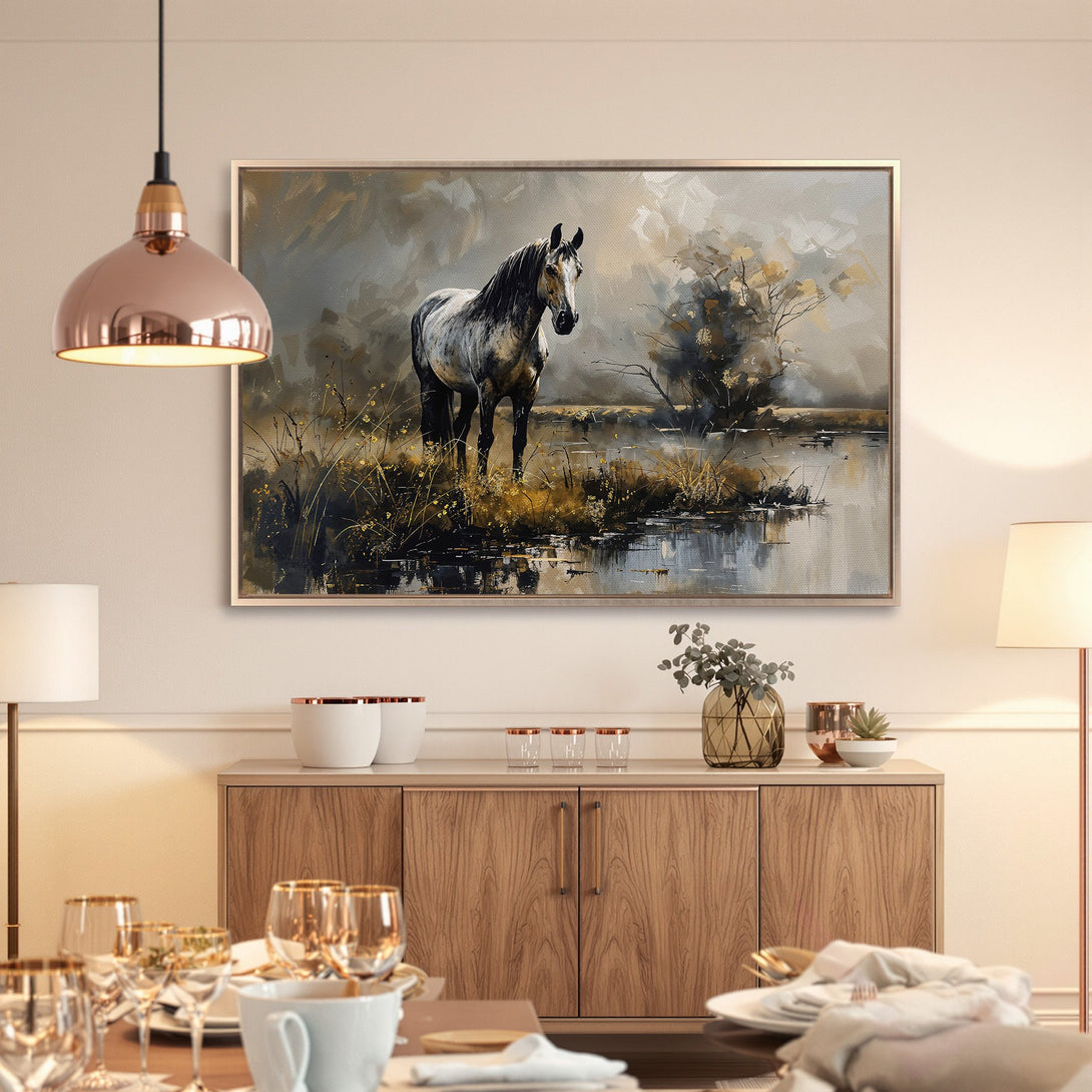 Framed Wall Art: Majestic horse painting in neutral tones. Add elegance to your space with this stunning canvas print. Perfect for any room!