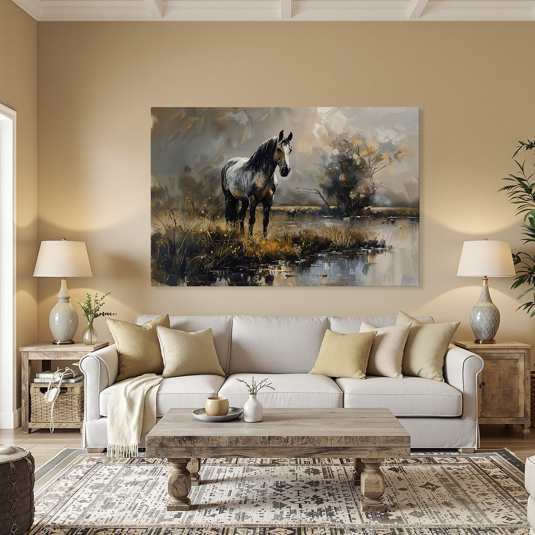 Framed Wall Art featuring a majestic horse in a serene landscape. Neutral color palette with gray, brown, and gold tones. Perfect for adding elegance to any room.