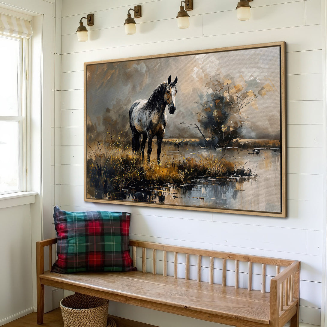 Framed Wall Art: Elegant horse painting in neutral tones. Enhance your home decor with this stunning canvas print featuring a serene landscape.