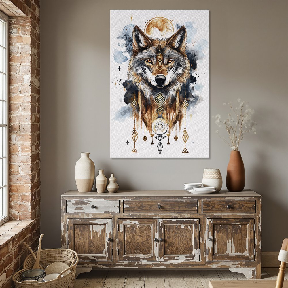 Framed Wall Art: Watercolor wolf portrait in earthy tones. Add a touch of tribal style to your dining room with this stunning Canvas Print.