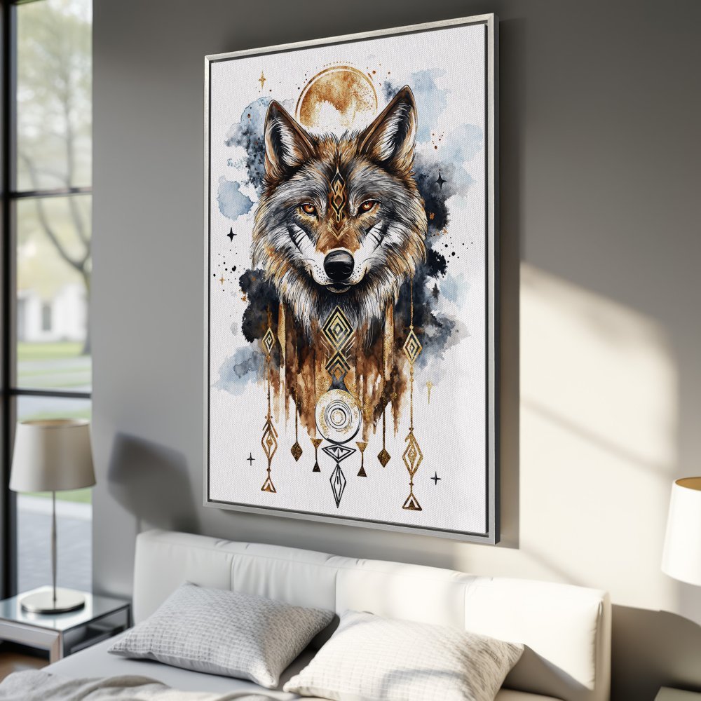 Framed Wall Art: Majestic wolf portrait in watercolor style, featuring a warm, earthy color palette. Perfect for adding a touch of nature to your home.