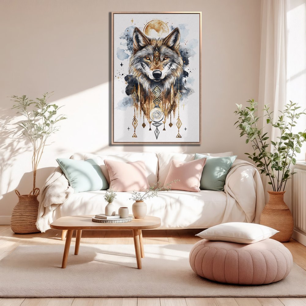 Framed Wall Art: Watercolor wolf portrait in neutral tones, perfect for boho decor. Add a touch of nature to your living room with this canvas print.