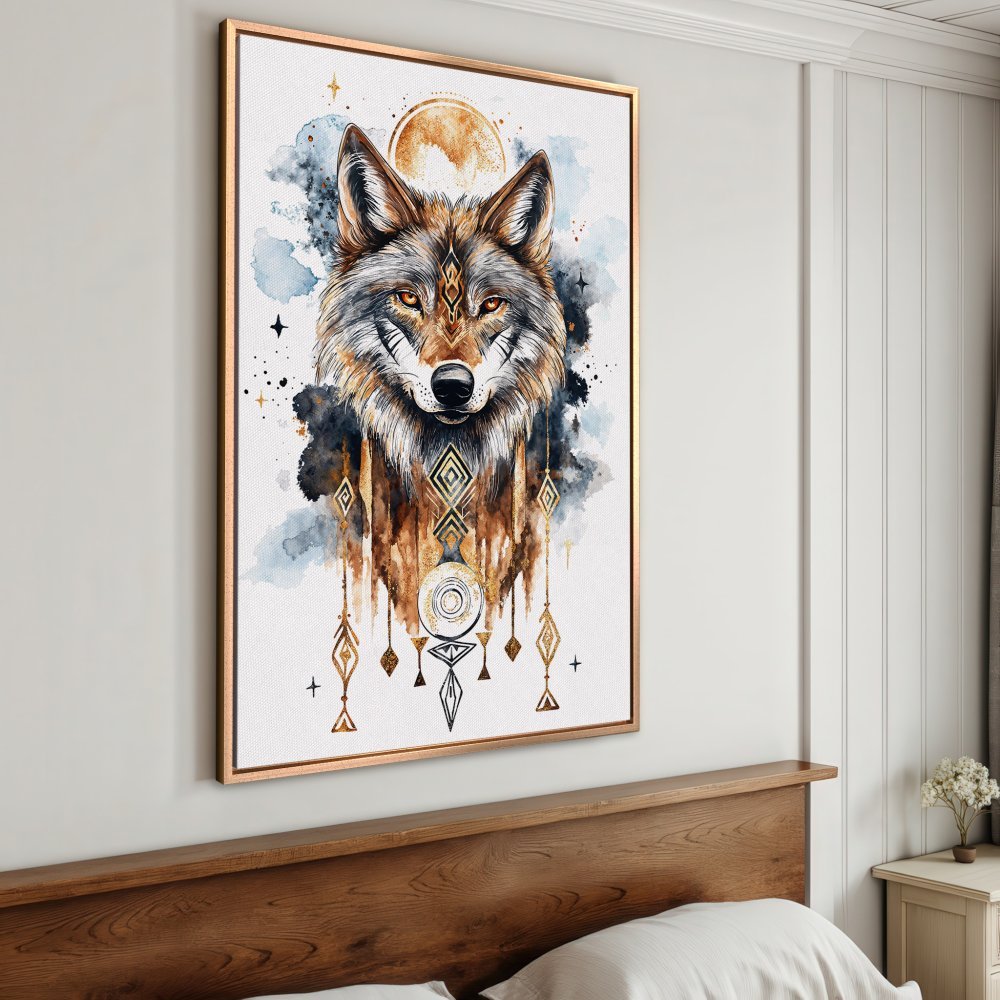Framed Wall Art: Watercolor wolf portrait. Earthy tones with gold accents. Boho style canvas print for home decor.