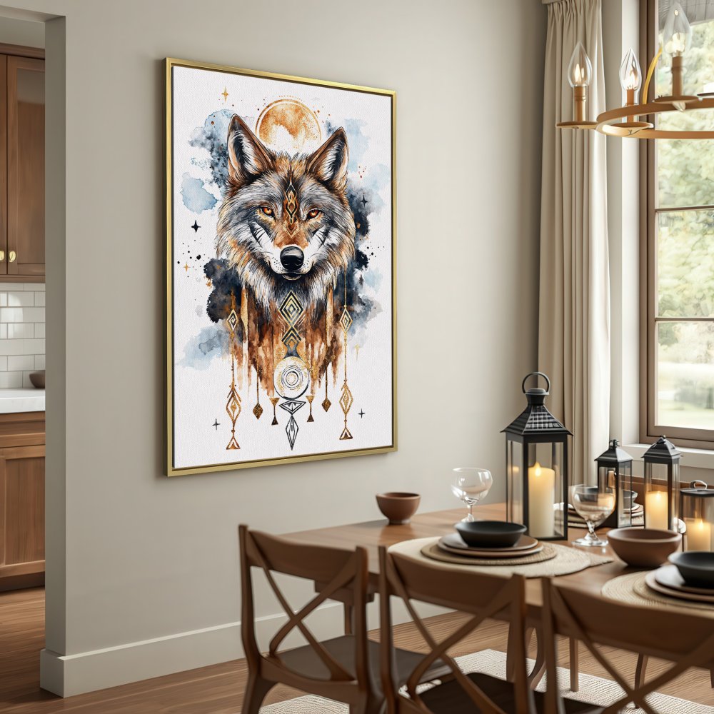 Canvas Print of a majestic wolf in watercolor style, featuring earthy tones and geometric accents. Perfect wall art for a rustic home.