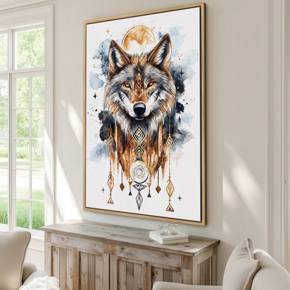 Framed Wall Art: Watercolor wolf print in earthy tones. Add a touch of bohemian style to your space with this stunning Canvas Print!