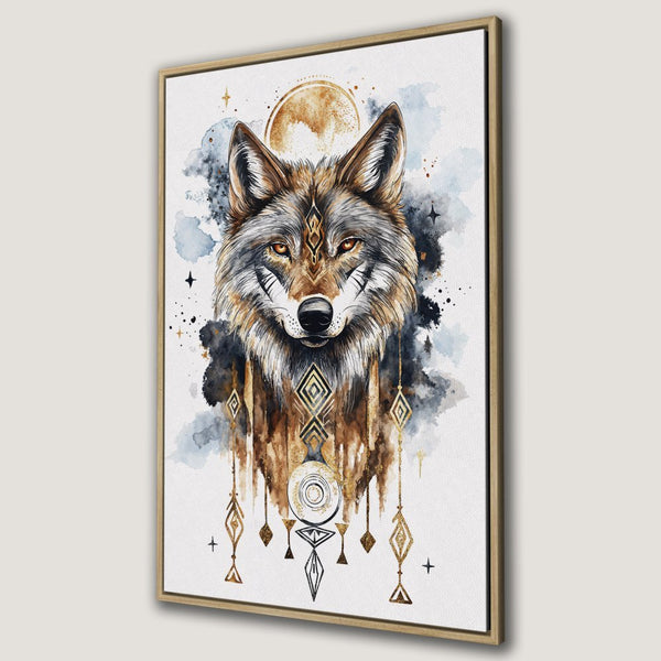 Framed Wall Art: Watercolor wolf portrait with earthy tones and geometric accents. Add a touch of boho style to your space!