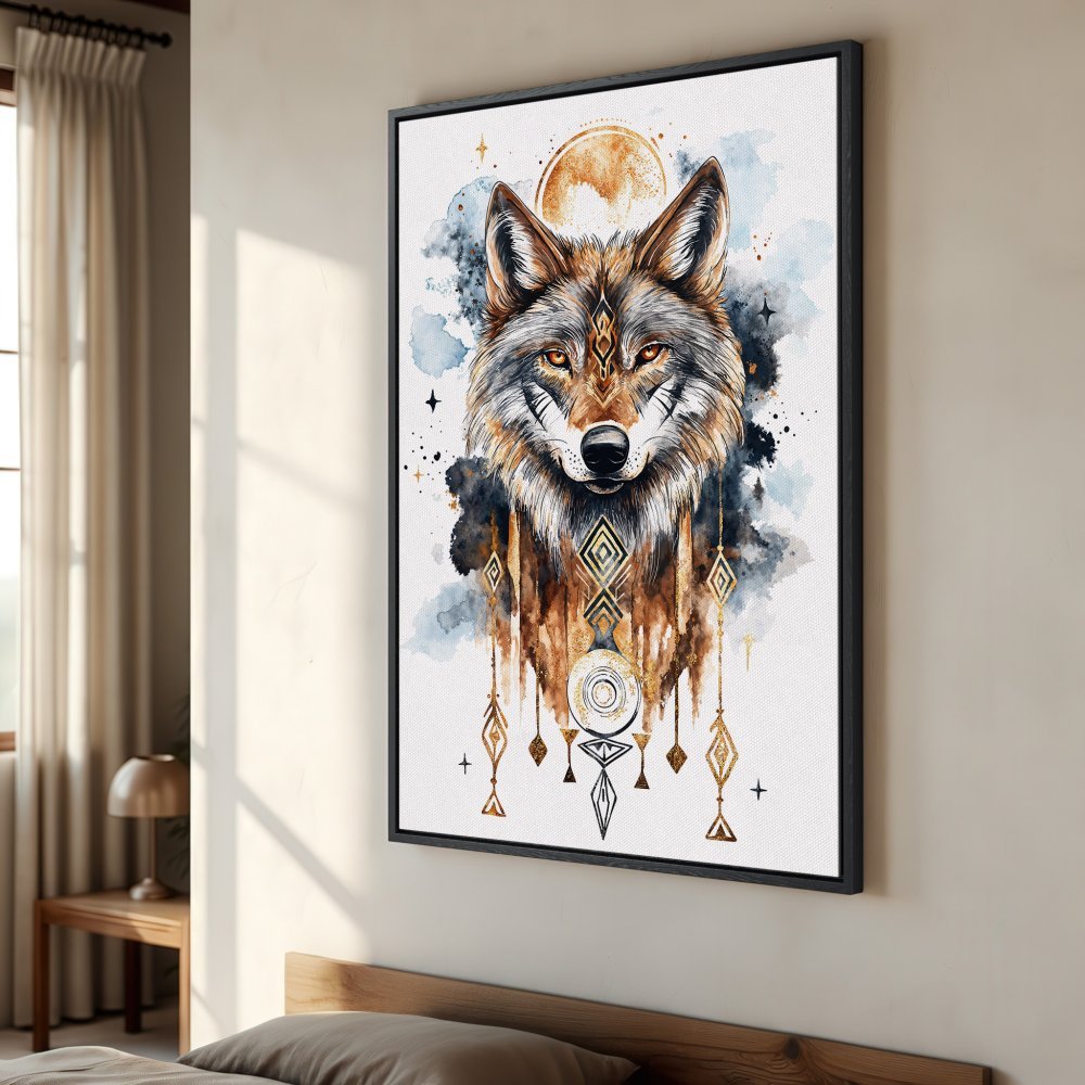 Framed Wall Art: Watercolor wolf portrait with boho accents. Earthy tones & blue accents make this canvas print a stunning statement piece.