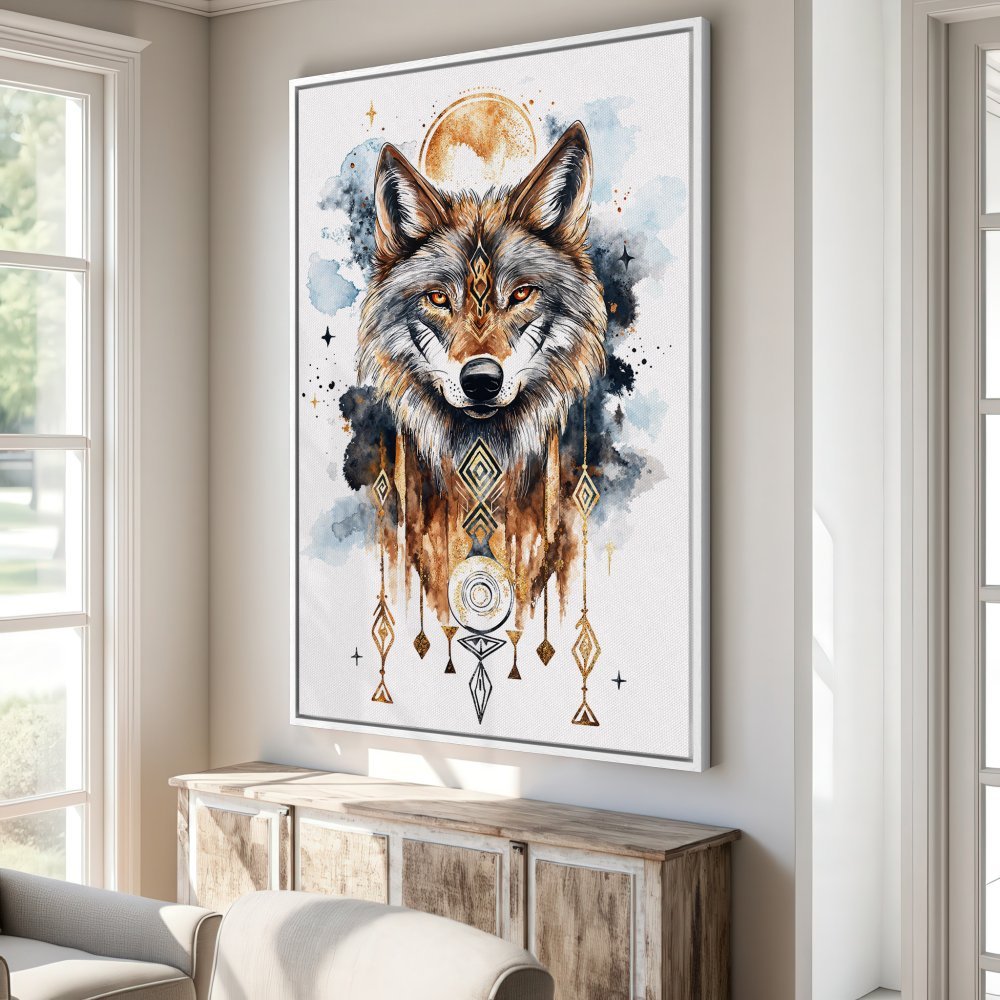 Framed Wall Art: Watercolor wolf portrait in earthy tones. Modern boho style Canvas Print for living room decor. Shop now!