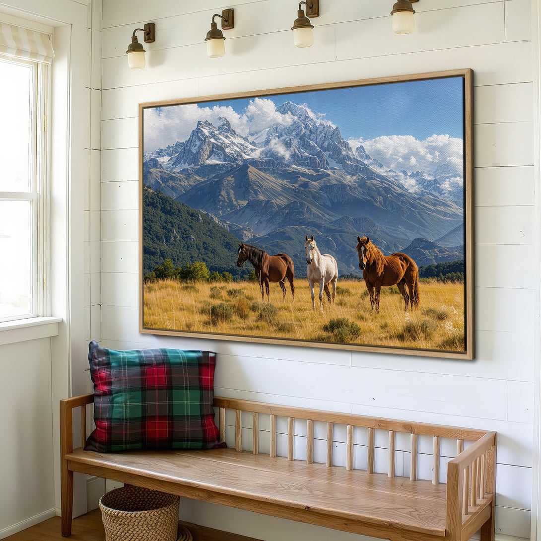 Framed Wall Art featuring horses in a mountain landscape. Earthy tones of brown, gold, and blue create a serene, rustic aesthetic. Perfect for home decor.
