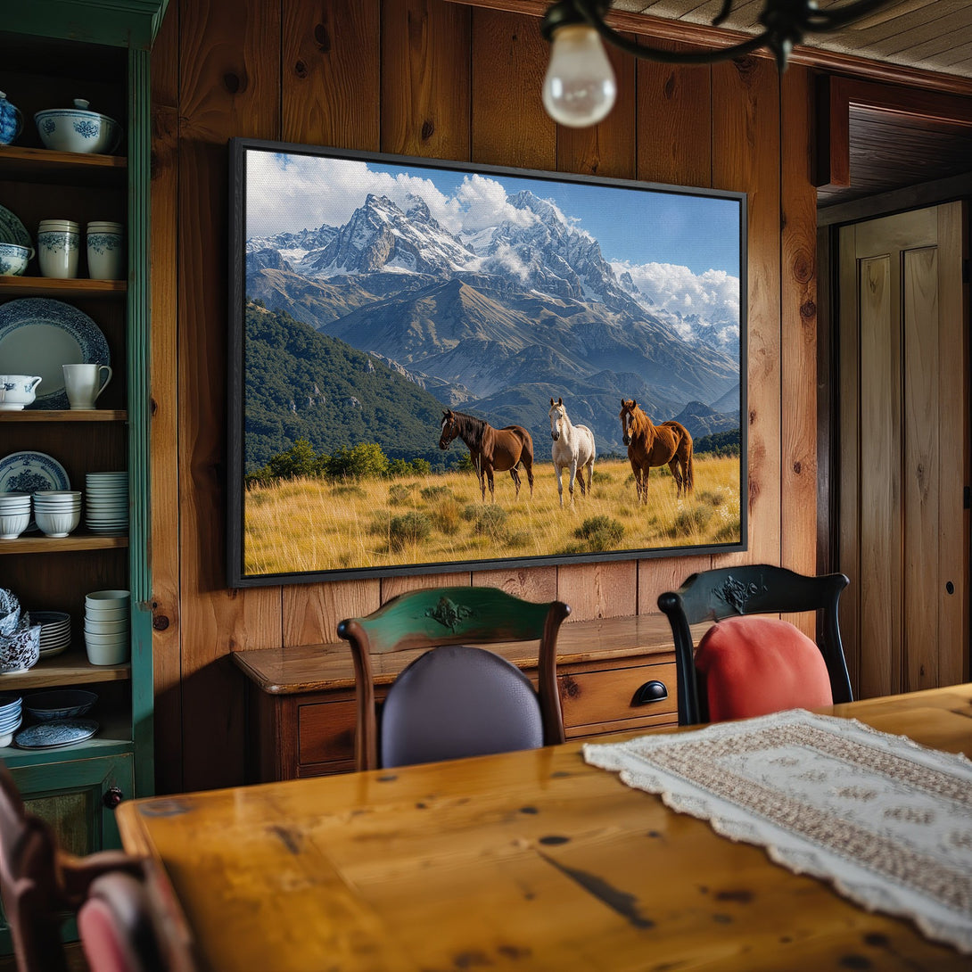 Framed Wall Art: Majestic mountain landscape with horses. Earthy tones and serene atmosphere. Perfect for adding a touch of nature to your home.