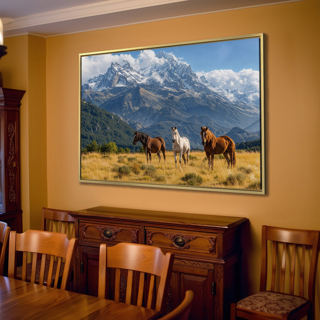 Canvas Print of horses in a mountain landscape. Rustic style with warm earth tones and cool blues. Perfect wall art for any home.