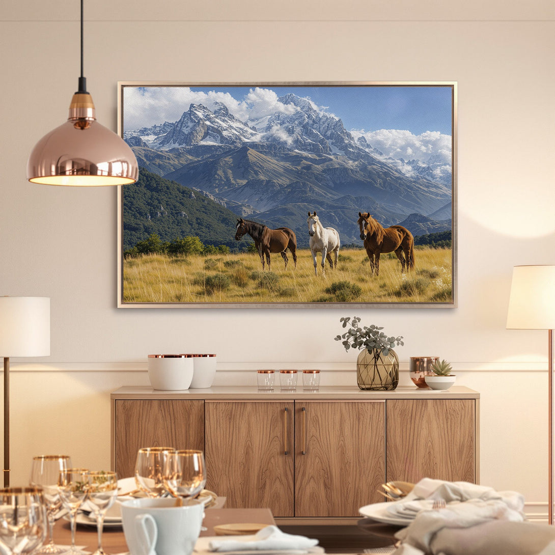 Framed Wall Art: Majestic horses in a mountain landscape. Earthy tones with blue sky. Perfect for rustic, modern decor. Canvas Print for your home.