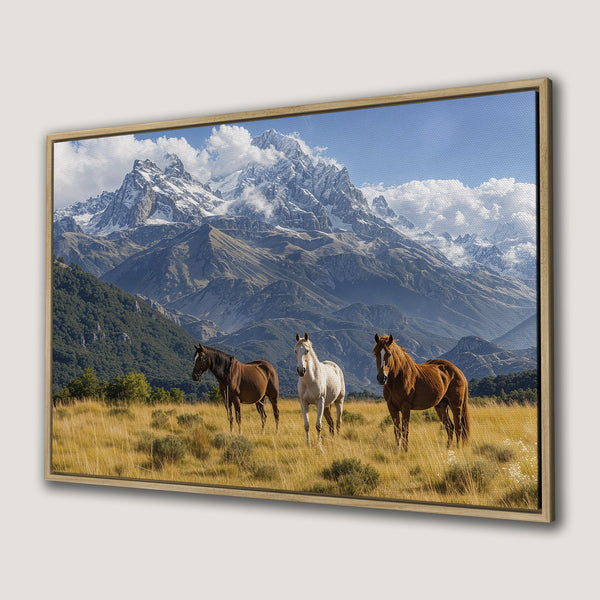 Framed Wall Art featuring horses in a mountain landscape. Earthy tones of brown, gold, and blue create a stunning nature scene. Perfect for home decor!