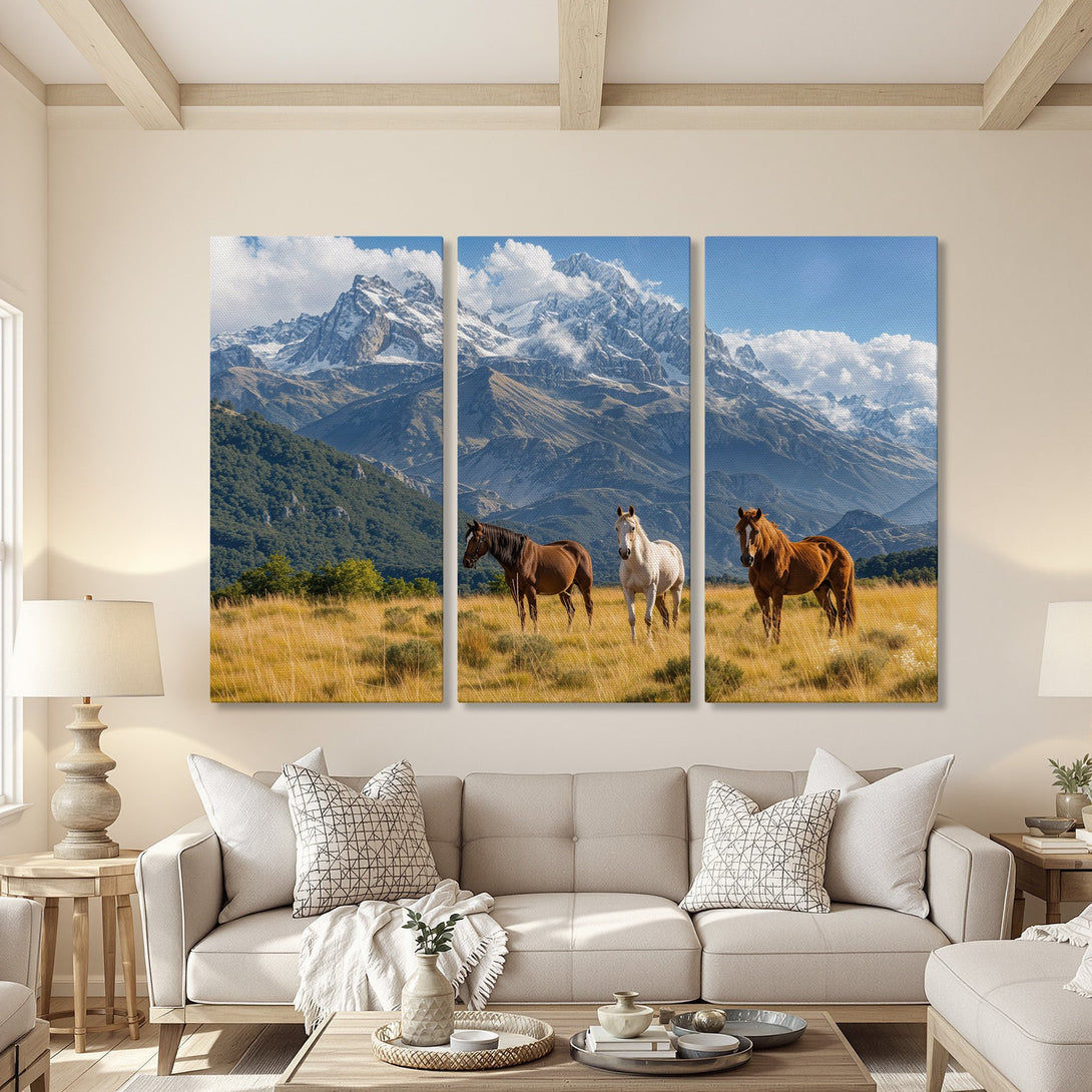 Canvas Print of horses in a mountain landscape. Rustic style art with a warm, natural color palette. Perfect for adding a touch of nature to your home.